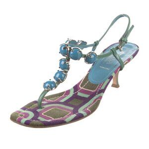 VTG PRADA Sandals T-Strap KITTEN HEEL MULES Pattern Jewel Accents Sz 40 US 9.5